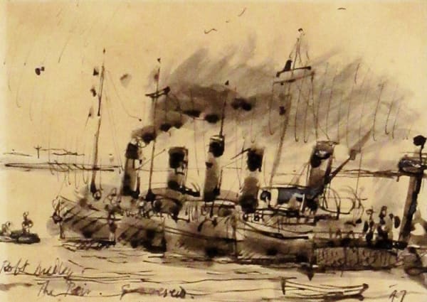 Charles Robert Owen Medley CBE RA The Pier, Gravesend 1947 Ink and wash 4.5 x 6.5 "