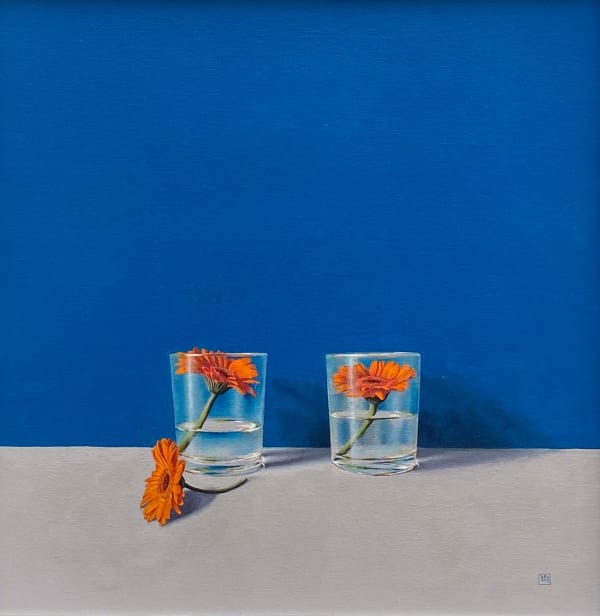 David Gleeson RI Three Gerberas Acrylic on canvas 15.5 x 15.5 "