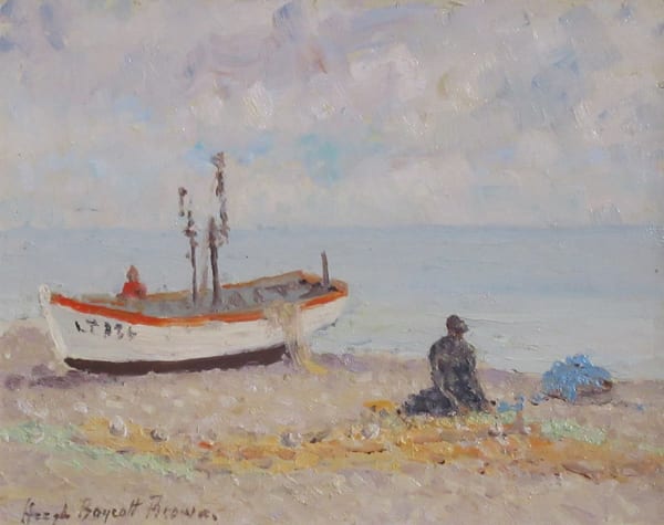 Hugh Boycott Brown RSMA Mending Nets, Aldeburgh Oil on board 8 x 10 "
