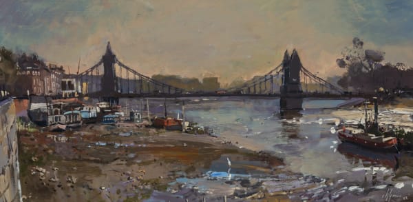 Nick Grove RSMA Evening at Hammersmith Bridge Oil on board 12 x 24 "