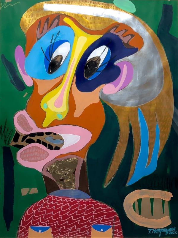Thembalethu Manqunyana Alarmed, Green Background (The Boss) Mixed media on paper 40 x 30 "