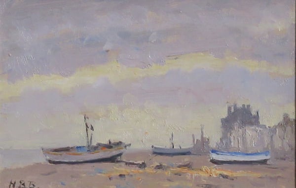 Hugh Boycott Brown RSMA Morning Light, Aldeburgh Beach Oil on board 6 x 9 "
