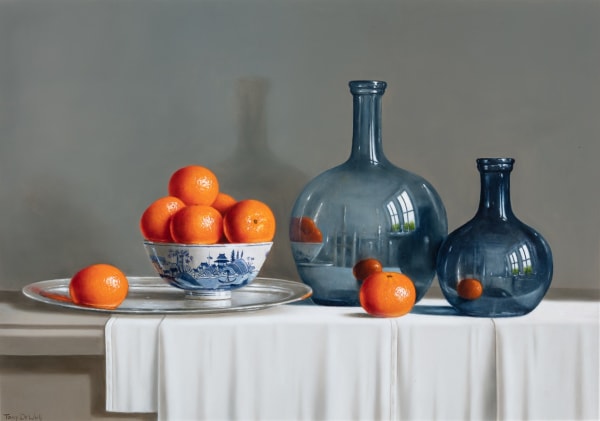 Tony de Wolf Two Blue Glass Jugs and Tangerines Oil on board 20 x 28 "