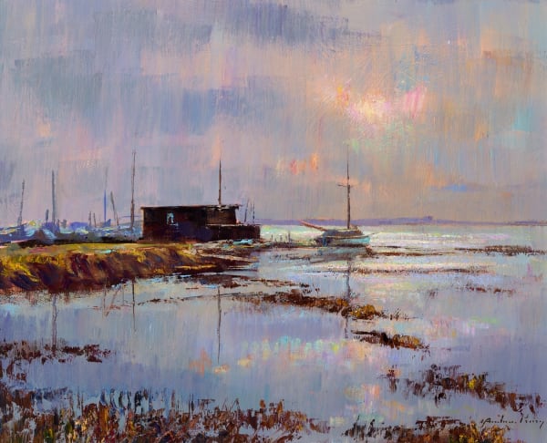 Andrew King ROI NS EAGMA IEA Evening Light, Spring Tide, Slaughden Oil on board 20 x 24 "