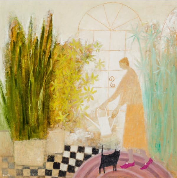 Helen Tabor Watering the House Plants Oil on board 39 x 39 "