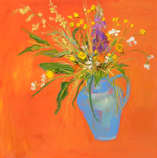 Judith Bridgland Wildflowers in Blue Vase Oil on panel 32 x 32 "