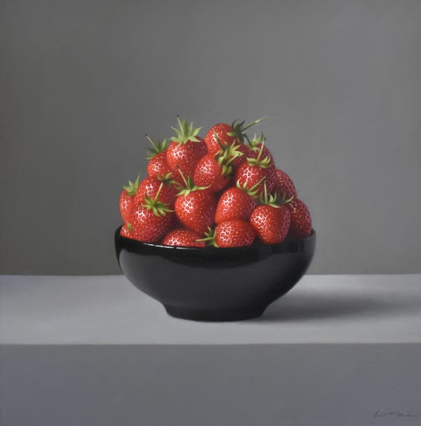 Lucy McKie ROI Strawberries with Black Bowl Oil on canvas 20 x 20 "