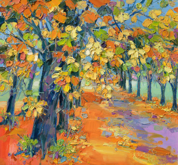 Judith Bridgland Avenue of Autumn Trees, Queens Park Oil on panel 24 x 24 "
