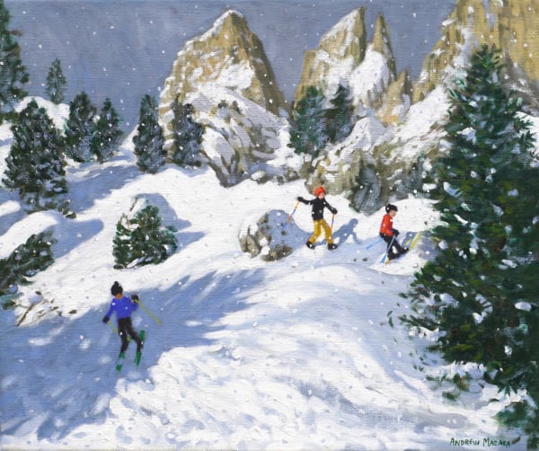 Andrew Macara RBA NEAC Three Skiers, Selva Val Gardena, Italy Oil on canvas 20 x 24 "
