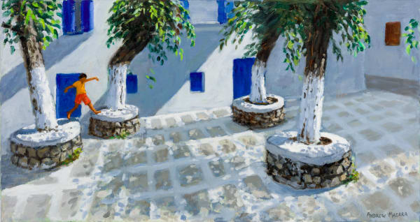 Andrew Macara RBA NEAC Four Trees, Mykanos Town, Greece Oil on linen canvas 16 x 30 "