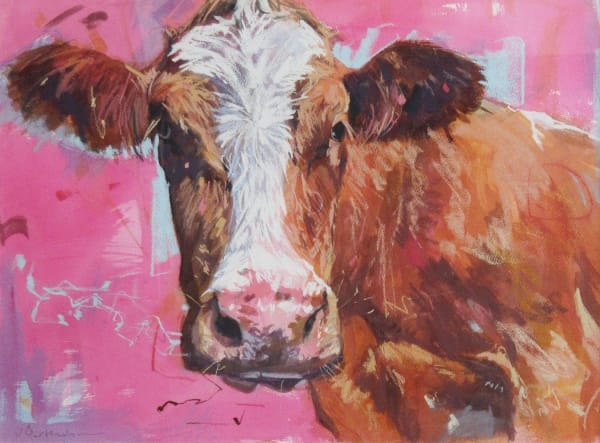 James Bartholomew Cartmel Cow on Pink Watercolour and pastel 20 x 27 "