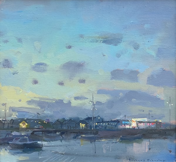 Richard Pikesley PPNEAC RWS A Dorset Harbour - Summer Funfair Oil on board 12 x 13 "