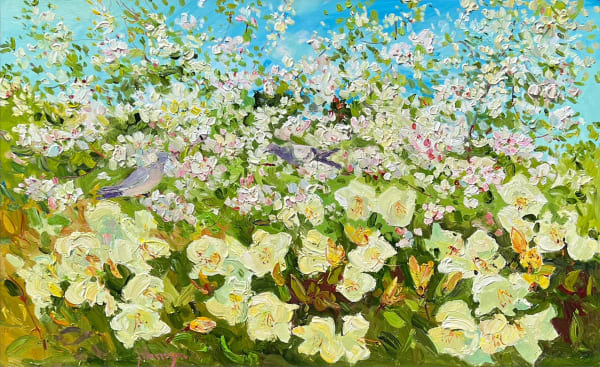 James Harrigan Pigeons and Spring Blossoms Oil on board 20 x 30 "