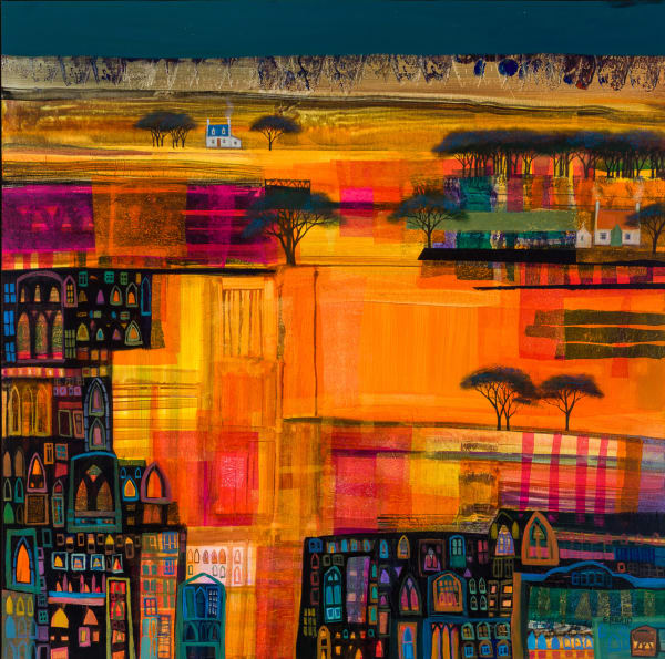 Erraid Gaskell Field of Windows at Dusk Mixed media on canvas 39 x 39 "