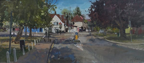 Nick Grove RSMA Harpenden High Street Oil on board 8 x 18 "