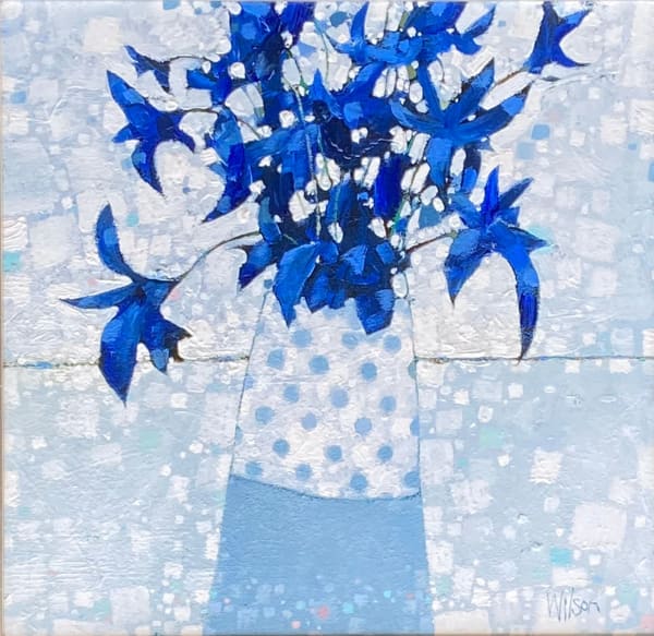 Gordon Wilson Larkspur and Spotty Potty Oil on panel 11.5 x 11.5 "