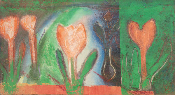 Sonia Lawson RA RWS Spring Line Up Oil on canvas laid down on board 9 x 16.5 "