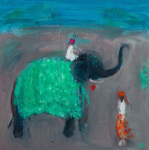 Ann Shrager NEAC Elephant in Green with Two Mahouts Oil on board 16 x 16 "