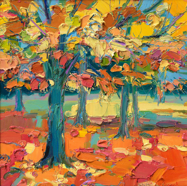 Judith Bridgland Autumn Sycamore Trees Oil on linen 12 x 12 "