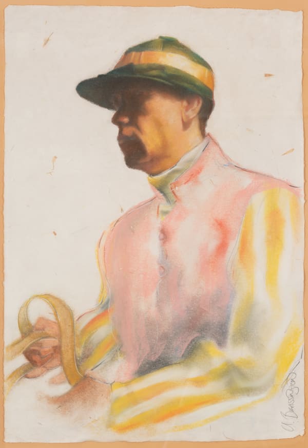 Alan Brassington Jockey in Yellow and Pink Silks Pastel 28 x 19.5 "