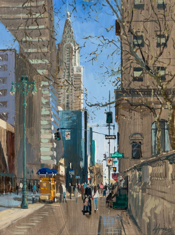 Nick Grove RSMA The Chrysler Building from Outside, NYC Public Library Oil on board 15 x 12 "