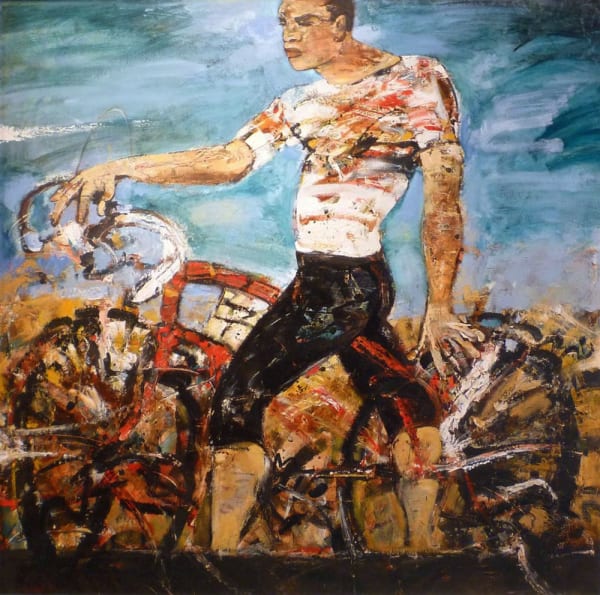 Peter McLaren The Cyclist Oil on board 48 x 48 "