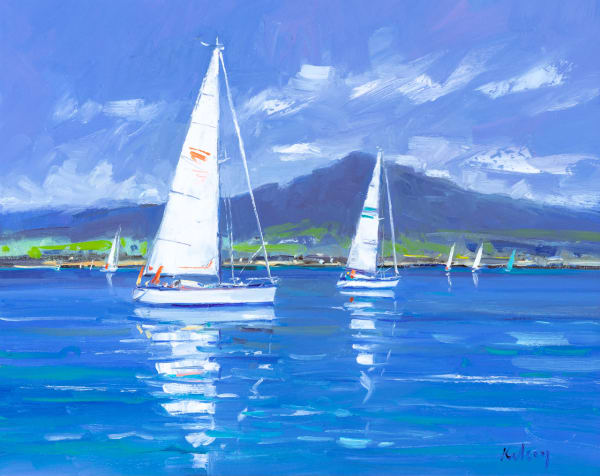 Robert Kelsey DA MUniv PAI FRSA Sailing Regatta off Arran Oil on linen 16 x 20 "