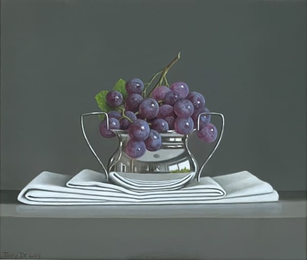Tony de Wolf Grapes in Silver on Folded Linen Oil on canvas 12 x 14 "
