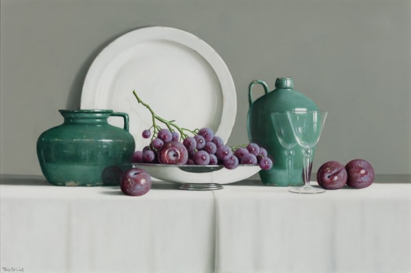 Tony de Wolf - Green Vases, Glasses and Silver Bowl with Grapes
