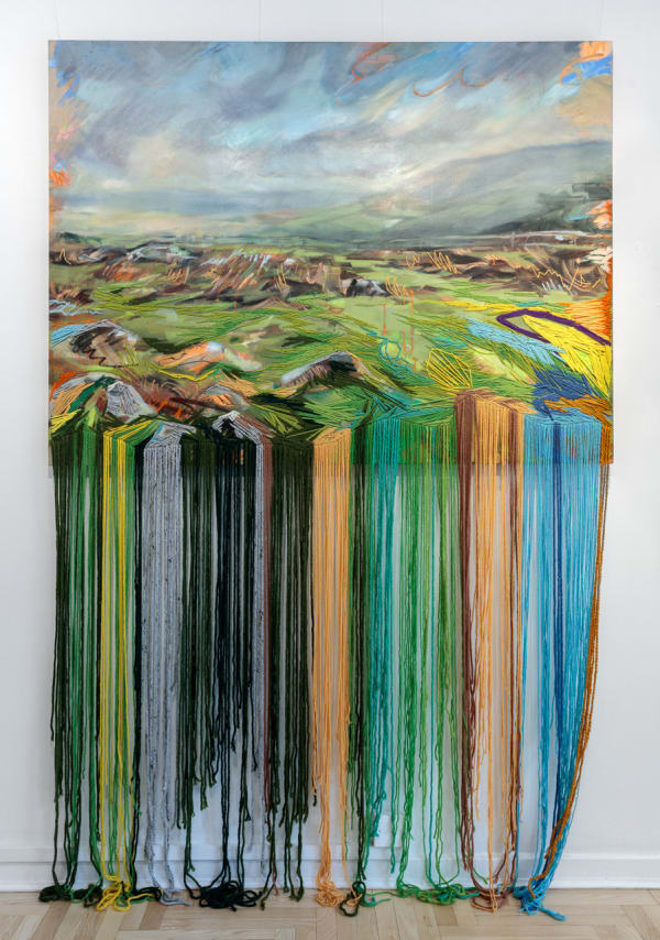 Athena Anastasiou Our Escape, 2021 Oil, Felt Tip Pen and Acrylic / Wool on Linen 100 x 63 " (height of wool as depicted)