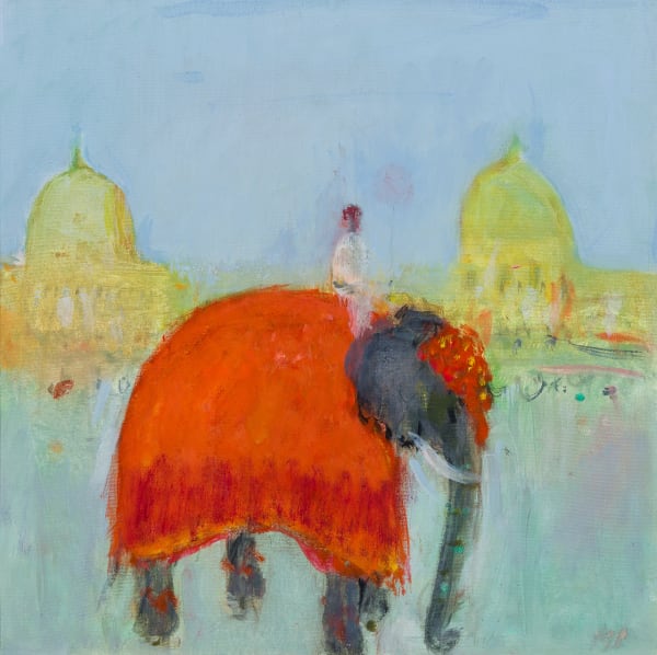 Ann Shrager NEAC Mahout and Elephant Riding Through Town Oil on canvas 16 x 16 "