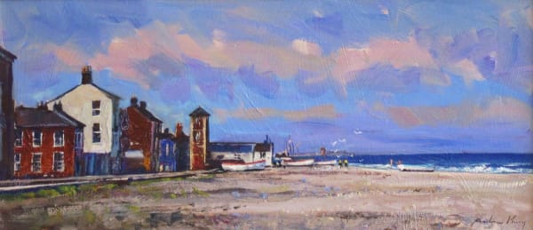 Andrew King ROI NS EAGMA IEA Aldeburgh Beach, Summer Oil on board 11.5 x 24 "