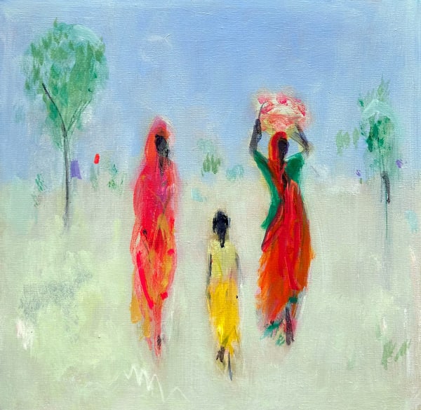 Ann Shrager NEAC Returning from the Market Oil on canvas 16 x 16 "