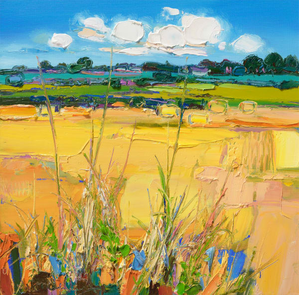 Judith Bridgland Clouds over Hayfield Oil on linen 16 x 16 "