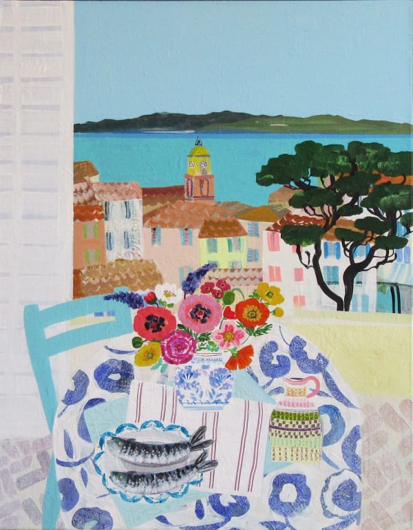 Emma Williams Market Flowers & Sardines, Saint Tropez Acrylic on canvas 38.5 x 30 "