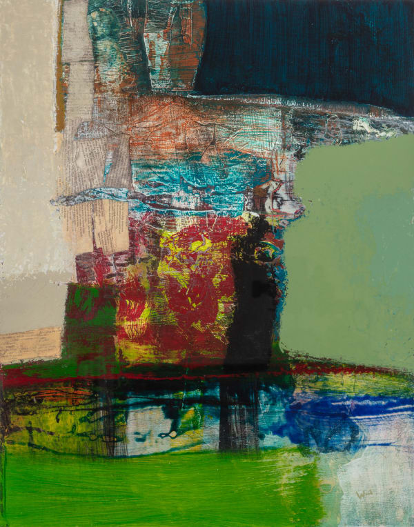 Christopher Wood RSW PPSSA RGI Down the Other Air Mixed media and collage on panel 30 x 24 "