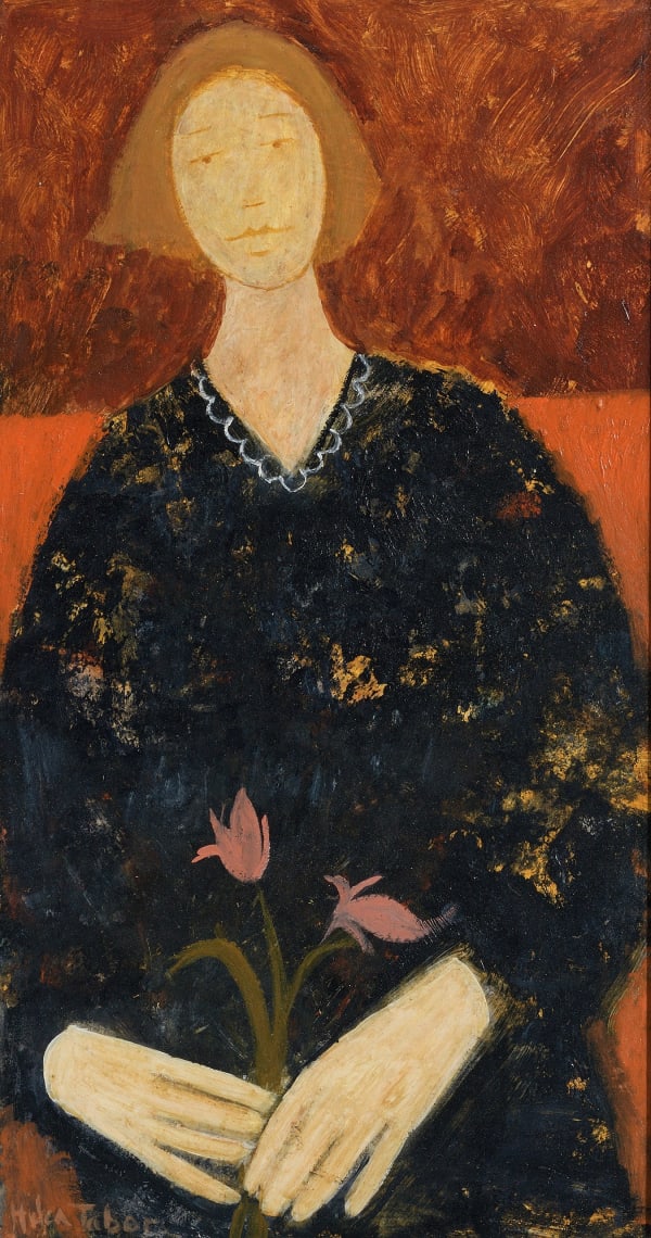 Helen Tabor Girl in a Black Dress Oil on board 18 x 9.5 "