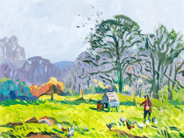 Andrew Tozer Feeding the Chickens Acrylic on board 18 x 24 "