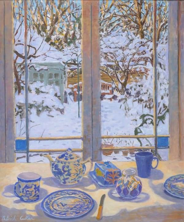 Patrick Cullen French Windows, Snow Outside, Tea Time Oil on board 23 x 19 "