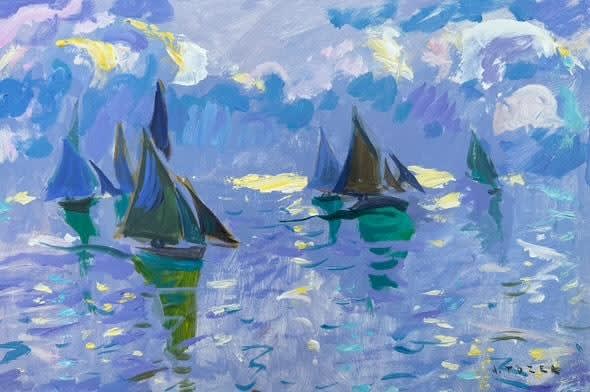 Andrew Tozer Dancing Sails and Silvery Light, Falmouth Acrylic on board 12 x 18 "