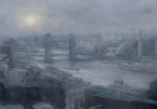 Matthew Draper PS Mid-Morning Sun and Mist, The Thames From The Monument Pastel on paper 27.5 x 40 "