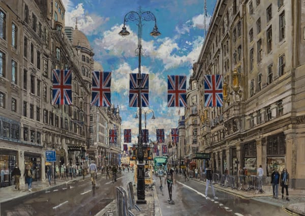 Nick Grove RSMA The Platinum Jubilee on the Strand Oil on canvas 39.5 x 55 "