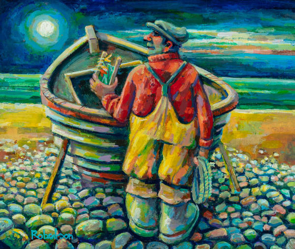 Jonathan Robertson Night Fisher Oil on board 14 x 12 "