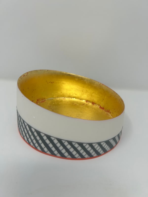 Lara Scobie Shallow Bowl with 23ct Gold Interior Fine Parian Porcelain with hand inscribed drawing and sgraffito decoration in vitrified slip 5 x 2 x 5 "