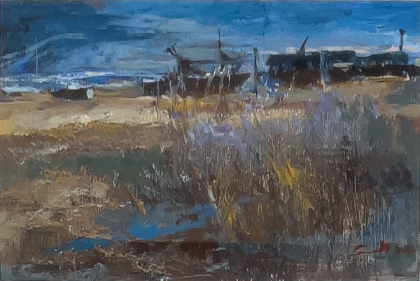 Jane Corsellis NEAC RWS RCA Dark Skies, Aldeburgh Oil on card 7.5 x 11 "
