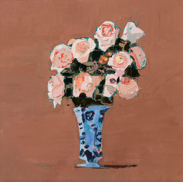 Mhairi McGregor RSW Peach Roses Oil on canvas 21 x 21 "