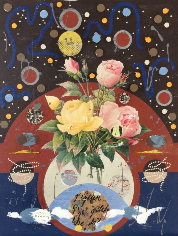 Colin Brown Persian Rose Acrylic and collage on wood panel 16 x 12 "