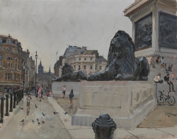 Peter Brown PNEAC PS ROI RP Hon RBA As London Begins to Emerge, The Landseer Lions, Trafalgar Square Oil on canvas 20 x 25 "