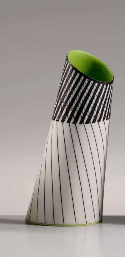 Lara Scobie Tilted Vessel with Chartreuse Interior II Fine Parian Porcelain with hand inscribed drawing and sgraffito decoration in vitrified slip 11 x 4 x 5 "