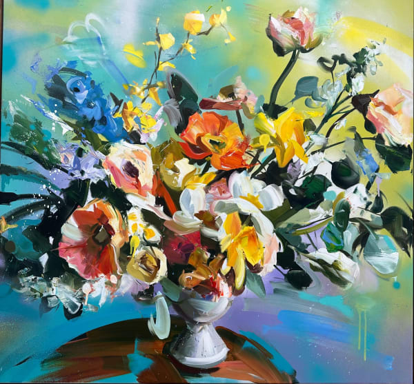 Paul Wright Flowers for a Table Oil on linen 37.5 x 39.5 " 95 x 100 cm